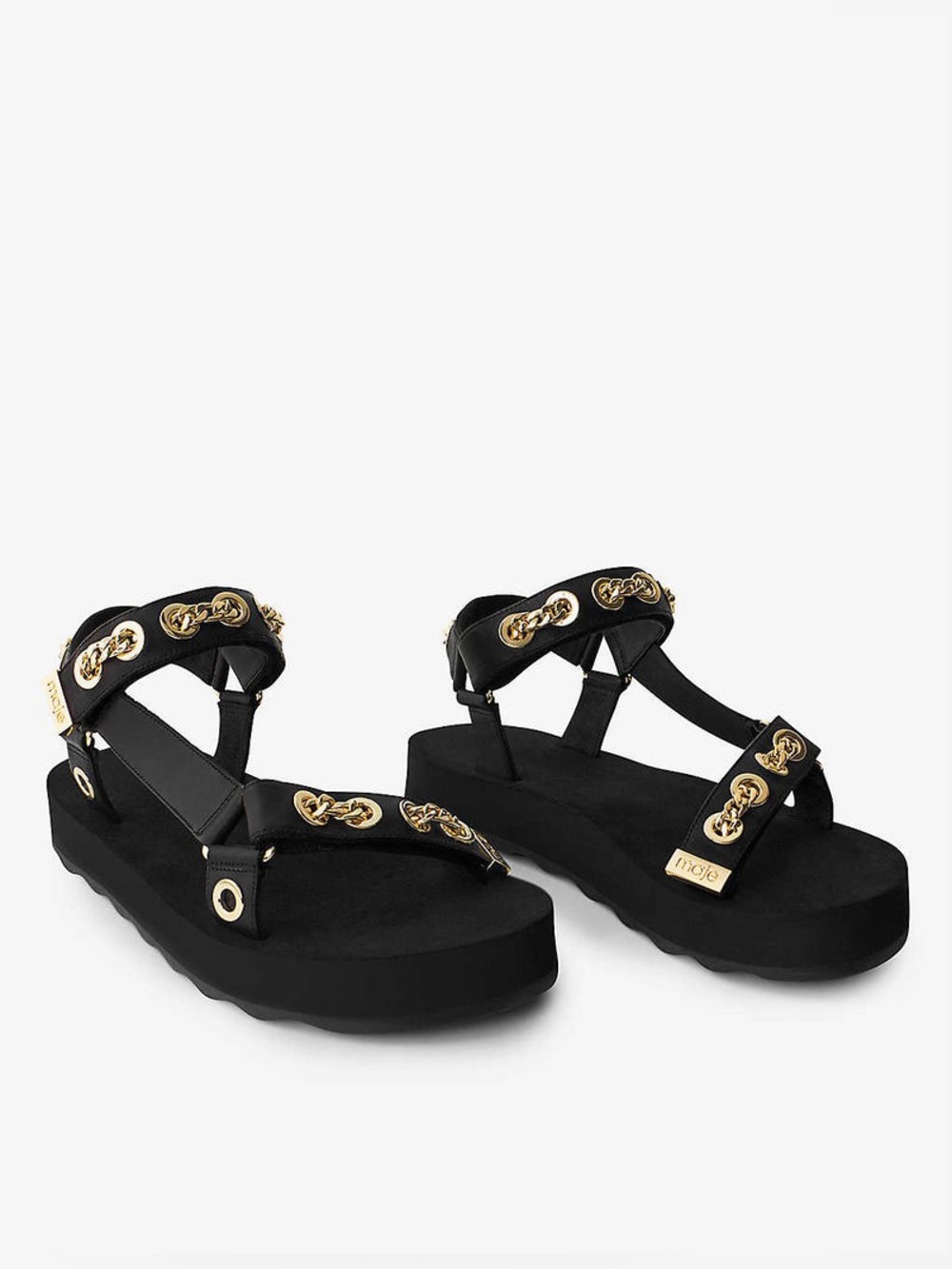 Maje Black Leather Platform Sandals Gold Chain Teva Style Designer